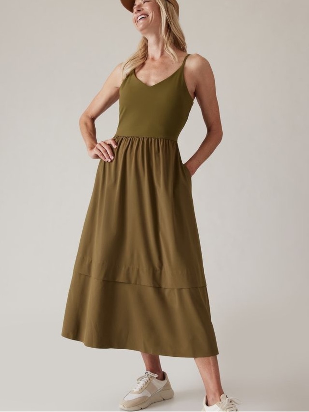 Athleta Elation V-Neck Hybrid Dress Acacia Olive Travel Casual Performance Small